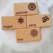 Load image into Gallery viewer, Cork Yoga Blocks with Love/Gratitude/Forgive/Sorry inscription with symbolsor mandalas