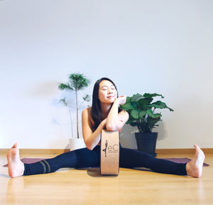 Smiling asian yogini with cork yoga wheel
