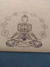 Carregar imagem no visualizador da galeria, Cork Yoga Mat with engraving of yogini meditating, surrounded by bubbles of differnet elements